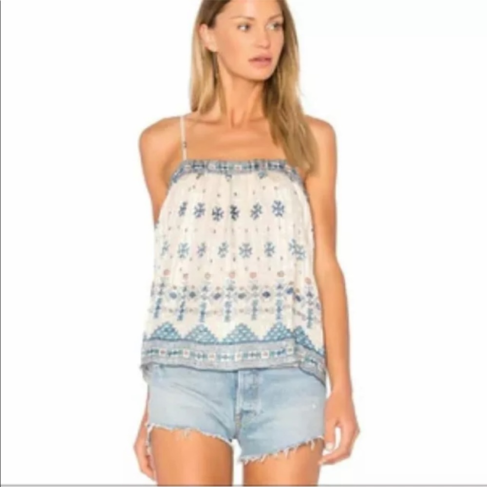 Joie White and Blue Printed Spaghetti-Strap Tank Top